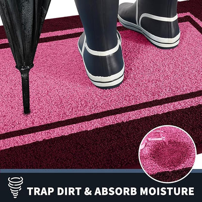 PURRUGS Dirt Trapping Door Mat 20" x 32", Non-Slip/Skid Machine Washable Entryway Rug, Shoes Scraper, Area Rug, Super Absorbent Welcome Mat for Muddy Wet Shoes and Paws, Pink & Burgundy Red