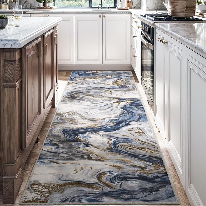 2x6 Runner Rug for Hallways Kitchen Modern Abstract Washable Runner Rug Blue Soft Non Slip Marble Carpet Runner for Laundry Entryway Bedroom Bathroom
