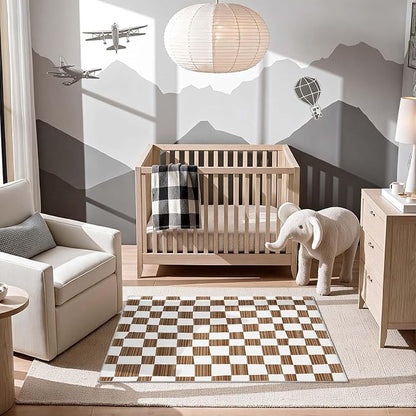 jinchan 3x5 Brown Checkered Area Rugs for Kids Room - Machine Washable Rug Modern Neutral Geometric Lattice Soft Non-Slip Carpet for Nursery Playroom Bedroom Entryway Living Room Home Office