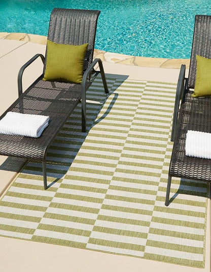Unique Loom Outdoor Striped Collection Area Rug - Striped (10' x 13' 1" Rectangle Green/Ivory)