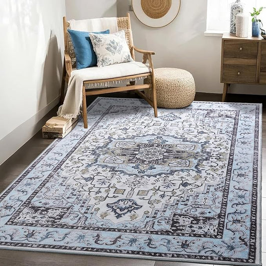 Washable Area Rugs 5x7, Low Pile Soft Vitnage Distressed Rug for Bedroom, Living Room, Dining Room, Non-Slip, Low Pile, Blue