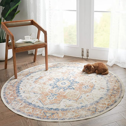 jinchan Kelda Round Rug 4ft Washable Area Rug Indoor Vintage Floor Cover Distressed Circle Mat 4' Round Lightweight Non Slip Low Pile Thin Carpet for Entryway Kitchen Living Room Bedroom Orange