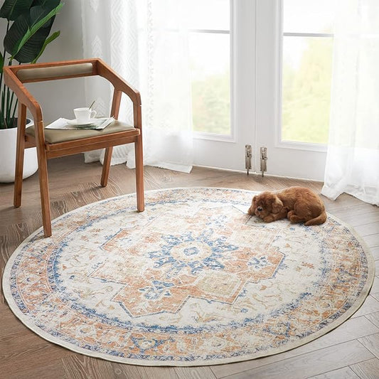 jinchan Kelda Round Rug 4ft Washable Area Rug Indoor Vintage Floor Cover Distressed Circle Mat 4' Round Lightweight Non Slip Low Pile Thin Carpet for Entryway Kitchen Living Room Bedroom Orange
