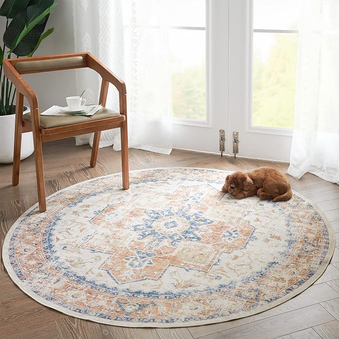 jinchan Kelda Round Rug 5ft Washable Area Rug Indoor Vintage Floor Cover Distressed Circle Mat 5' Round Lightweight Non Slip Low Pile Thin Carpet for Entryway Kitchen Living Room Bedroom Orange