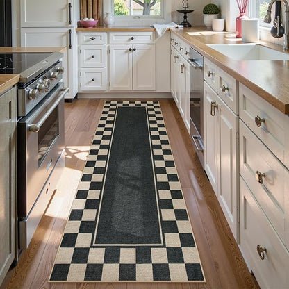 Moynesa Easy Jute Runner Rugs Washable 2.5x8 Entryway Runners Rug for Kitchen Black Checkered Carpet for Indoor Outdoor Non Slip Mat for Hallways Bathroom Bedroom Laundry Living Room Corridor
