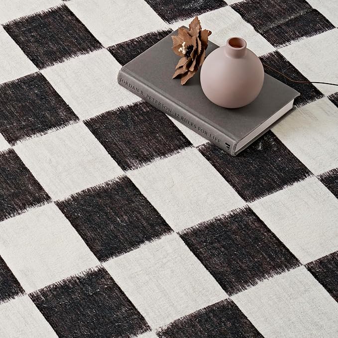 EVERGRACE Checkered Plaid Area Rug 2x6, Soft Fuzzy Faux Wool Rugs Washable Anti Slip Rugs Long Runner Rug Carpet for Entryway Bedroom Living Room Hallway Kitchen Dining Room and Laundry Room, Black
