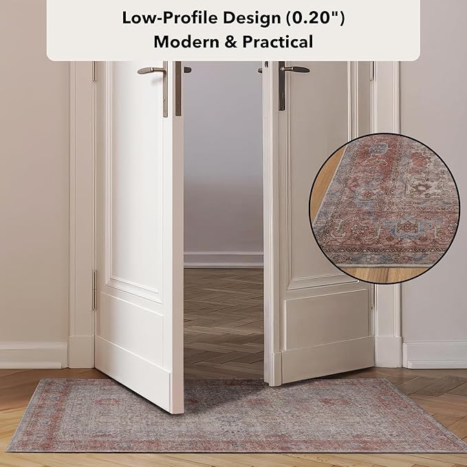 Kuden 5x7 Area Rug, Machine Washable Area Rug with Non-Slip Backing, Vintage Style, Soft, Easy Clean, Low Pile Rug for Living Room, Bedroom, Dining Room