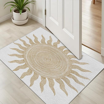 Boho Washable Rugs for Bedroom 5x8, Modern Sun Print Soft Minimalism Area Rug, Non Slip Low Pile Abstract Carpet for Classroom Living Room Decor Dining Room Sofa Kids Nursery Room, Beige Yellow