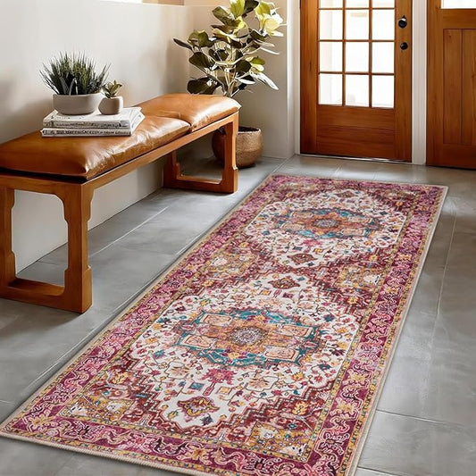 Runner Rug 2×6, Machine Washable Vintage Non-Slip Area Rug, Low Pile, Decorative Carpet Printed Floral Rugs for Living Room, Entryway, Kitchen, Bedroom, Plum