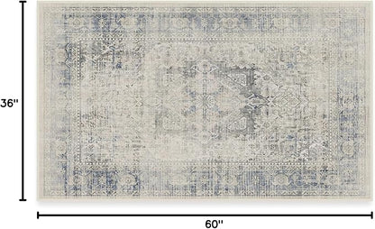 RUGGABLE Washable Vintage Area Rug – Kamran Blue Quartz 3x5, Stain-Resistant, Non-Slip – Small Machine Washable Rugs for Living Room, Bedroom, Hallway, Entryway & Office–with Cushioned Pad