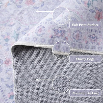 Wonnitar Floral Purple Rug for Bedroom, 8x10 Washable Rugs for Nursery Girls, Boho Low Pile Soft Non Slip Carpet for Dorm Living Room Playroom Home Decor, Pale Purple