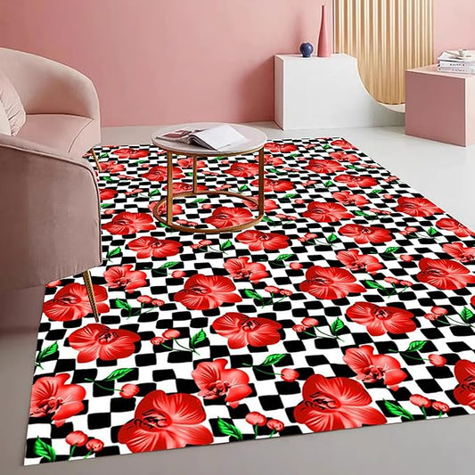 Black and White Checkerboard Pattern with Red Floral Pattern Area Rug for Living Room Bedroom Dining Room Office Guest Room Nursery Room Rustic Low Pile Thin Washable Indoor Mat 4x6