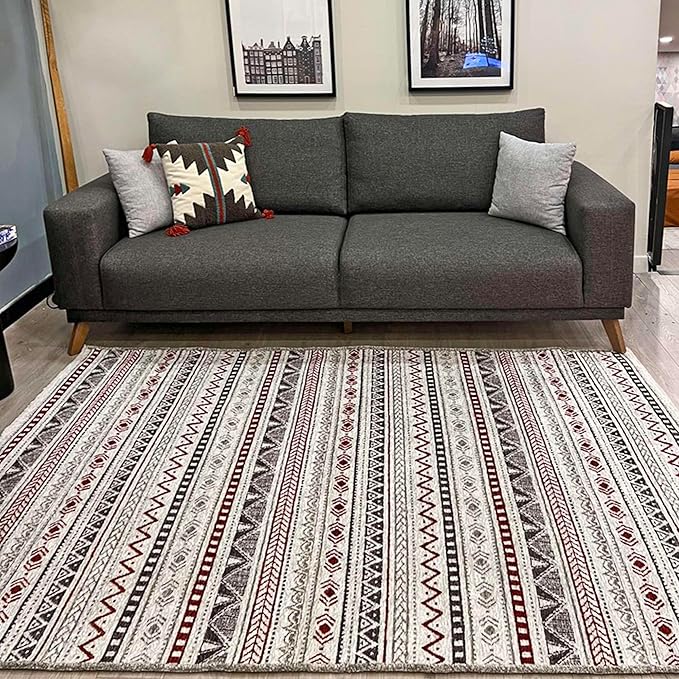 Alfa Rich 7x10 Red Burgundy White Gray Washable Area Rugs for Living Room Bedroom Kitchen Cotton Rug