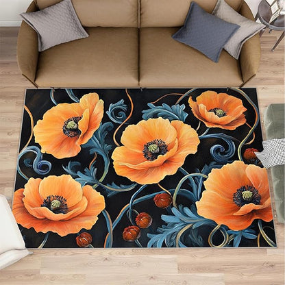 2x4 Poppy Runner Rug for Hallway - Retro Florals Art Kitchen Mat, Rustic Flowers Art Kitchen Runner Rug Soft Non Slip Anti Fatigue for Laundry Room Indoor Hallways