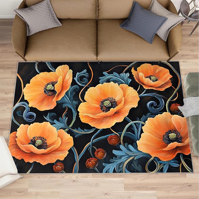 3x4 Poppy Rugs for Entryway - Retro Florals Art Kids Bedroom Rug, Rustic Flowers Art Mudroom Rug Soft for Coffee Shop Living Room Under Table Game Room