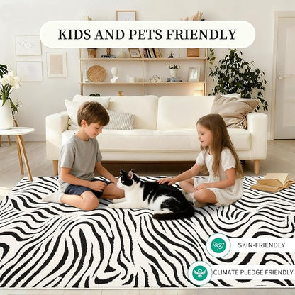 YIHOUSE 5×7 Ft Area Rugs for Living Room: Modern Washable Rug - Abstract Black and Cream White Rug for Bedroom Dining Room Office Playroom Nursery Home Decor - Nonslip Non-Shedding Striped Rugs