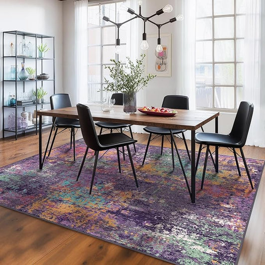 Washable Area Rugs 8'x10' Non-Slip Modern Abstract Soft for Living Room Entryway Bedroom Nursery, Print Pattern, Purple Orange Blue Green Rust Red Colorful