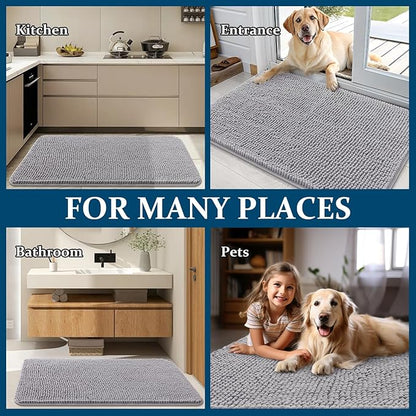 OLANLY Dog Door Mat for Muddy Paws 30x17, Absorbs Moisture and Dirt, Absorbent Non-Slip Washable Doormat, Quick Dry Chenille Mud Mat for Dogs, Entry Indoor Entryway Carpet for Inside Floor, Light Grey