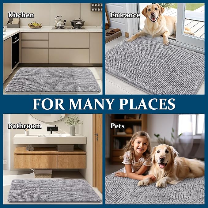 OLANLY Dog Door Mat for Muddy Paws 45x27, Absorbs Moisture and Dirt, Absorbent Non-Slip Washable Doormat, Quick Dry Chenille Mud Mat for Dogs, Entry Indoor Entryway Carpet for Inside Floor, Light Grey