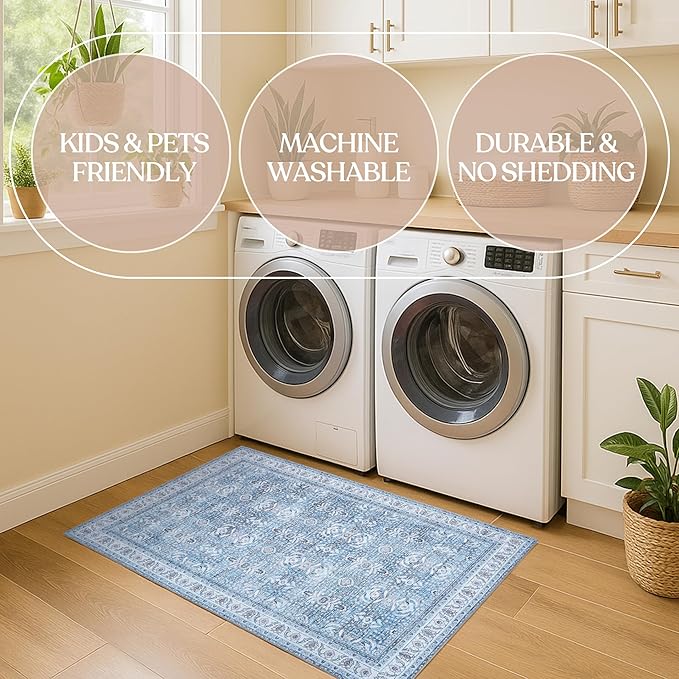 Fame Living Washable Area Rug. Modern Farmhouse. Vintage. Turkish. Bohemian. Distressed. Oriental. Traditional. Rugs for Living Room. Dining. Bedroom. Office. Entryway. Foyer. (866CBl, 5' x 6'9")