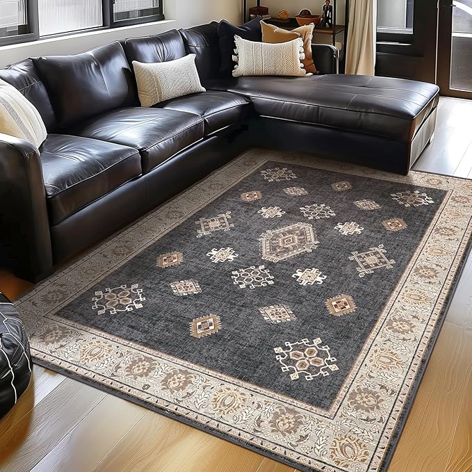 ILANGO Washable Area Rugs 5x7 for Living Room Vintage Area Rugs Non Slip Boho Dining Room Rugs for Under Table Ultra-Thin Low-plie Floor Carpet for Bedroom Farmhouse