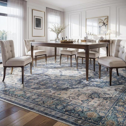 AMOAMI-Area Rug 9X12 Rugs for Living Room-Vintage Soft Blue Rugs for Bedroom-Non Slip Carpet-Washable Rug for Dining Room Living Room Bedroom Office Under Table