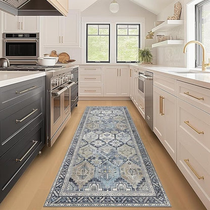 Bavni Kitchen Rug 2x5 Runner Rugs for Hallways Entryway, Washable Vintage Print Carpet, Ultra-Thin Chenille Low Pile Lightweight Rug with Non Slip Backing, Blue