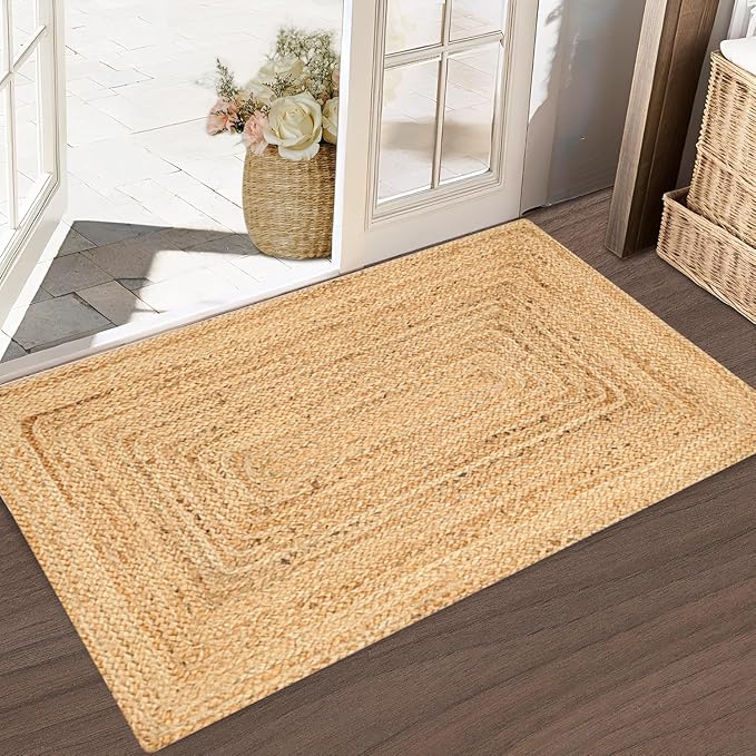 KEMA Handwoven Rectangular Jute Braided Rug 2'x3 ft' – Natural Reversible Farmhouse Boho Rug for Entryway, Kitchen, Living Room & Indoor Outdoor Use