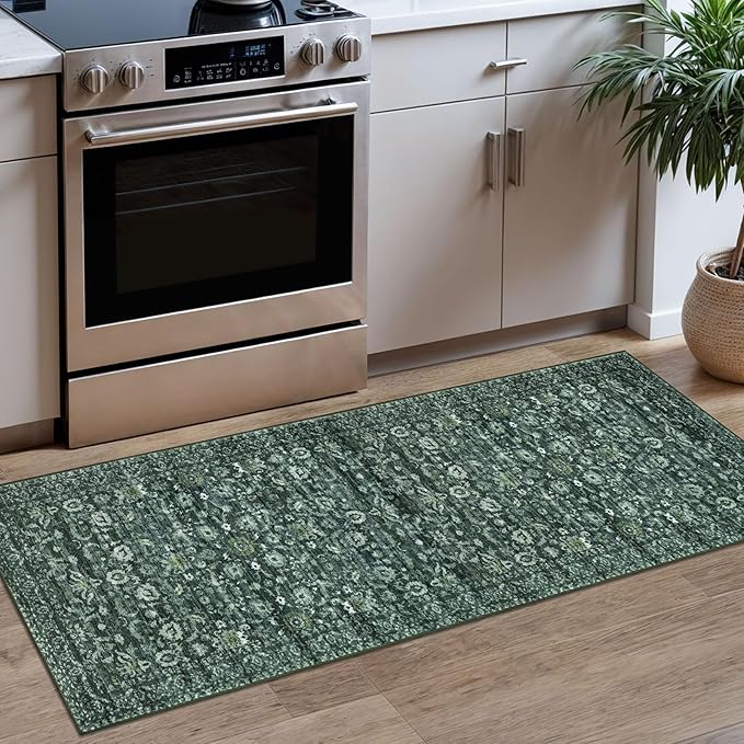 Vintage Floral 2x5 Runner, Dark Green Washable Hallway Runner, Non-Slip Kitchen Runner, Super Soft Thin Printed Faux Wool Carpet for Entryway, Front Door, Backdoor Bedside