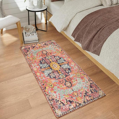 Lahome Bohemian Floral Medallion Runner Rug - 2x4 Hot Pink Bathroom Rug Runner, Machine Washable Non-Slip Hallway Mat Indoor Laundry Accent Carpet Runners for Kitchen Living Bedroom RV, Fuchsia/Multi