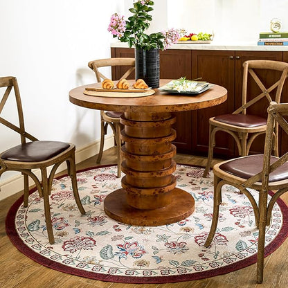 jinchan Elora 6ft Floral Round Rug for Dining Room Washable Living Room Rug Vintage Romance Design Non Slip Indoor Floor Cover Lightweight Low-Profile Throw Carpet for Bedroom Porch Patio, Red/Beige