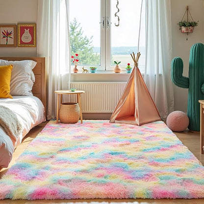 Zentavio Unicorn Rugs for Girls Room 3x5 Area Rugs for Living Room Small Carpet for Bedroom Washable Soft Fluffy Shag Aesthetic Plush High Pile Throw Rug for Nursery Kids Room Dorm Room Rainbow
