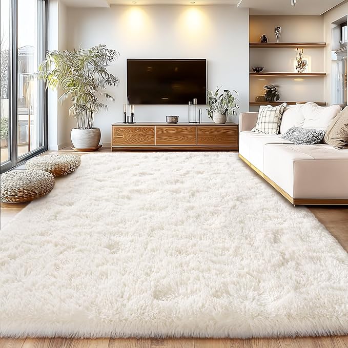 Cream White Plush Rug for Living Room Fuzzy Carpet for Bedroom Dorm, Non-Slip High Pile Rug, Shag Rug for Playroom Nursery Home Office Decor 6X9 Ft