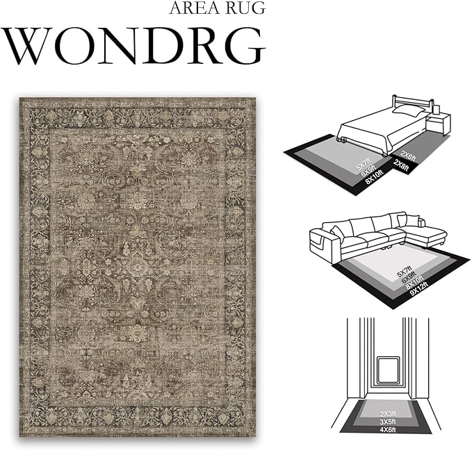 6x9 Brown Washable Area Rug for Living Room Bedroom Neutral Vintage Soft Non Slip Rug Low Pile Distressed Carpet for Dining Room Nursery Office Indoor