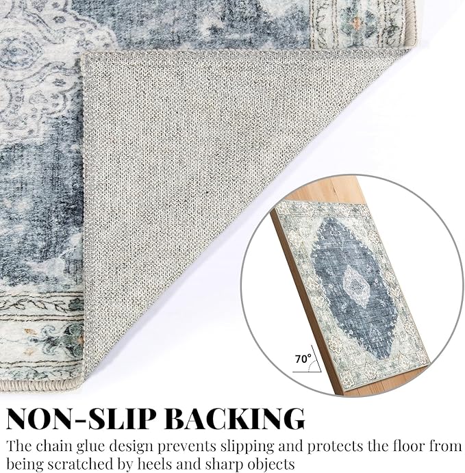 MUJOO Blue Grey Rug 6'x9' Area Rugs for Living Room Washable Rugs Large Boho Carpet for Bedroom Dining Room Neutral Vintage Farmhouse Abstract Non Slip Soft Low-Pile Floral Flowers