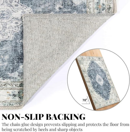MUJOO 5'x7' Area Rugs Blue Grey Machine Washable Rugs Living Room Rugs Boho Rug for Bedroom Laundry Room Kitchen Non Slip Large Carpet Abstract Soft Low-Pile Floral