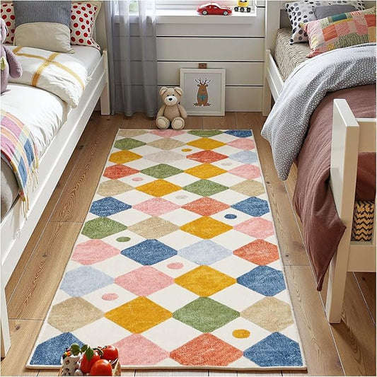 jinchan Macy 2x6 Runner Rug Kids Hallway Washable Rug Indoor Soft Non Slip Modern Diamond Carpet for Nursery Room Bedroom Kitchen Laundry Room Circus on Cream