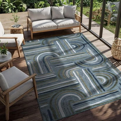 CAMILSON Indoor Outdoor Rug, Aqua 5x7 Geometric Arch Striped Area Rugs for Patio and Home Areas, Easy-Cleaning Non-Shedding Living Room, Garden and Deck Washable Outside Carpet (5 x 7)