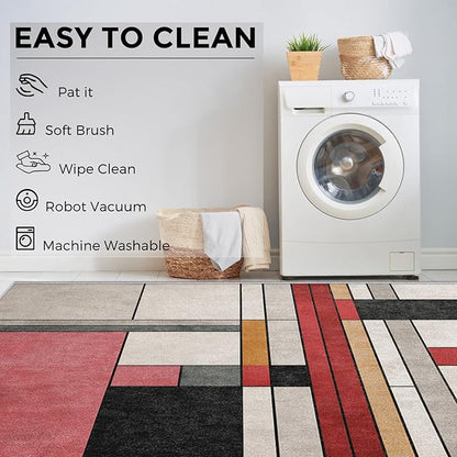 3x4 Abstract Geometric Rugs for Bedroom Decor, Washable Black White Red Geometry Pattern Area Rug, Living Room Home Decoration, Non Slip Soft Thin, Minimalist Modern Decor Carpet PF-P 49