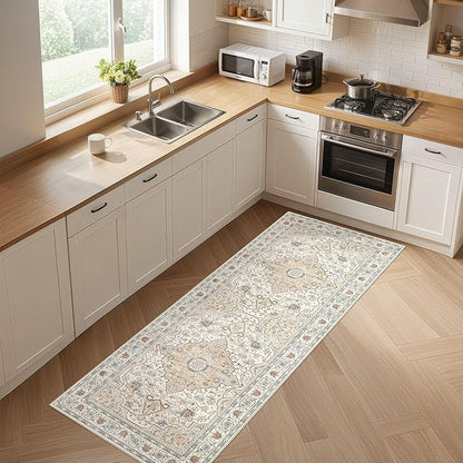 Runner Rug Kitchen Washable Rugs: 3x8 Non-Slip Boho Soft Vintage Stain Resistant Indoor Floor Neutral Farmhouse Throw Carpet for Hallway Bathroom Laundry Room Entryway Bedroom- Cream