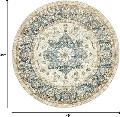 Unique Loom Salzburg Collection Classic Traditional Design Oriental Inspired Border Area Rug (4' 0 x 4' 0 Round, Beige/Blue)
