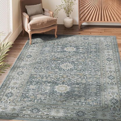 jinchan Area Rug 4x6 Washable Bedroom Rug Vintage Distressed Gray Multi Floral Floor Cover Indoor Mat Retro Carpet Living Room Kitchen Office Farmhouse Grey