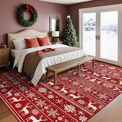 Christmas Rug 8x10 Washable Rugs, Boho Christmas Tree Snowflake Rug Non-Slip Soft Low Pile Non Shedding Indoor Holiday Decor Carpet for Living Room Bedroom Dining Room Home Office (Xmas Red, 8'x10')
