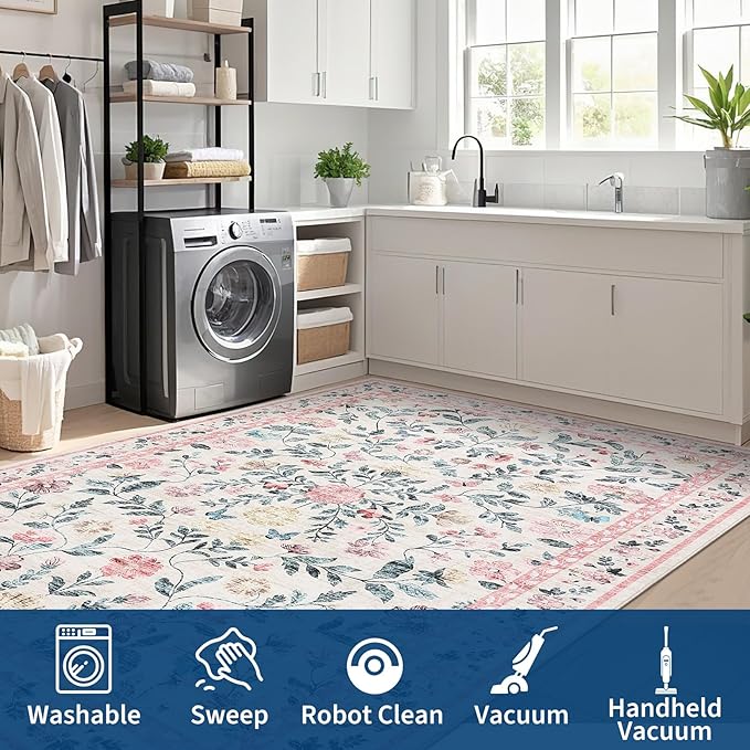 GarveeHome Washable Rug 6 x 9, Low Pile Farmhouse Floral Rug, Non-Shedding Indoor Foldable Printed Carpet Non-Slip Soft Vintage Throw for Bedroom Dining Room Kitchen, Pink
