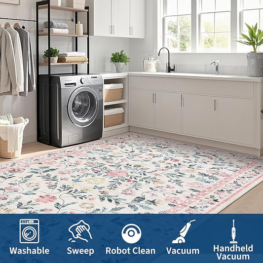 GarveeHome Washable Rug 6 x 9, Low Pile Farmhouse Floral Rug, Non-Shedding Indoor Foldable Printed Carpet Non-Slip Soft Vintage Throw for Bedroom Dining Room Kitchen, Pink