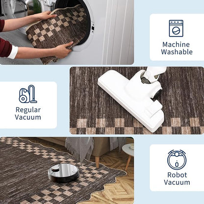 GarveeHome 8x10 Area Rug for Living Room Scalloped Washable Large Bedroom Rug Non Slip Stain Resistant Modern Border Dining Room Throw Carpet Scalloped Boho Rug for Home Decor Office Nursery, Brown