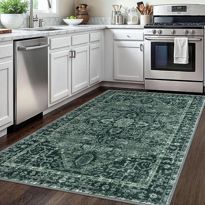 KOZYFLY Area Rug 4x6 Ft Washable Rugs for Entryway Non Slip Faux Wool Printed Throw Rug for Kitchen Bedroom Hallway Living Room Indoor Floor Decoration, Dark Green