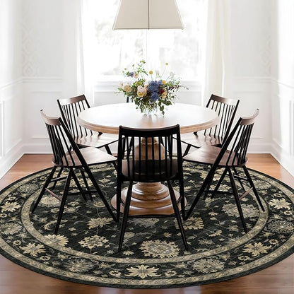 Washable Round Area Rug 8ft - Charcoal Black Traditional Floral Living Room Circle Rug 8x8 Non-Slip Farmhouse Dining Room Carpet Soft Vintage Boho Round Rugs for Bedroom Office Entryway