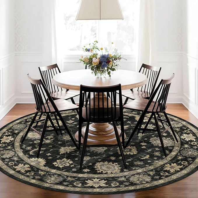 Washable Round Area Rug 6ft - Charcoal Black Traditional Floral Living Room Circle Rug Non-Slip Farmhouse Dining Room Carpet Soft Vintage Boho Round Rugs for Bedroom Office Entryway