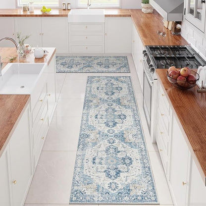 jinchan Kelda Runner Rug 2x10-2pcs Hallway Rug Washable Runner Vintage Mat Retro Lightweight Non-Slip Floor Cover Distressed Thin Carpet for Entryway Bathroom Bedroom Laundry Room Stairway Blue